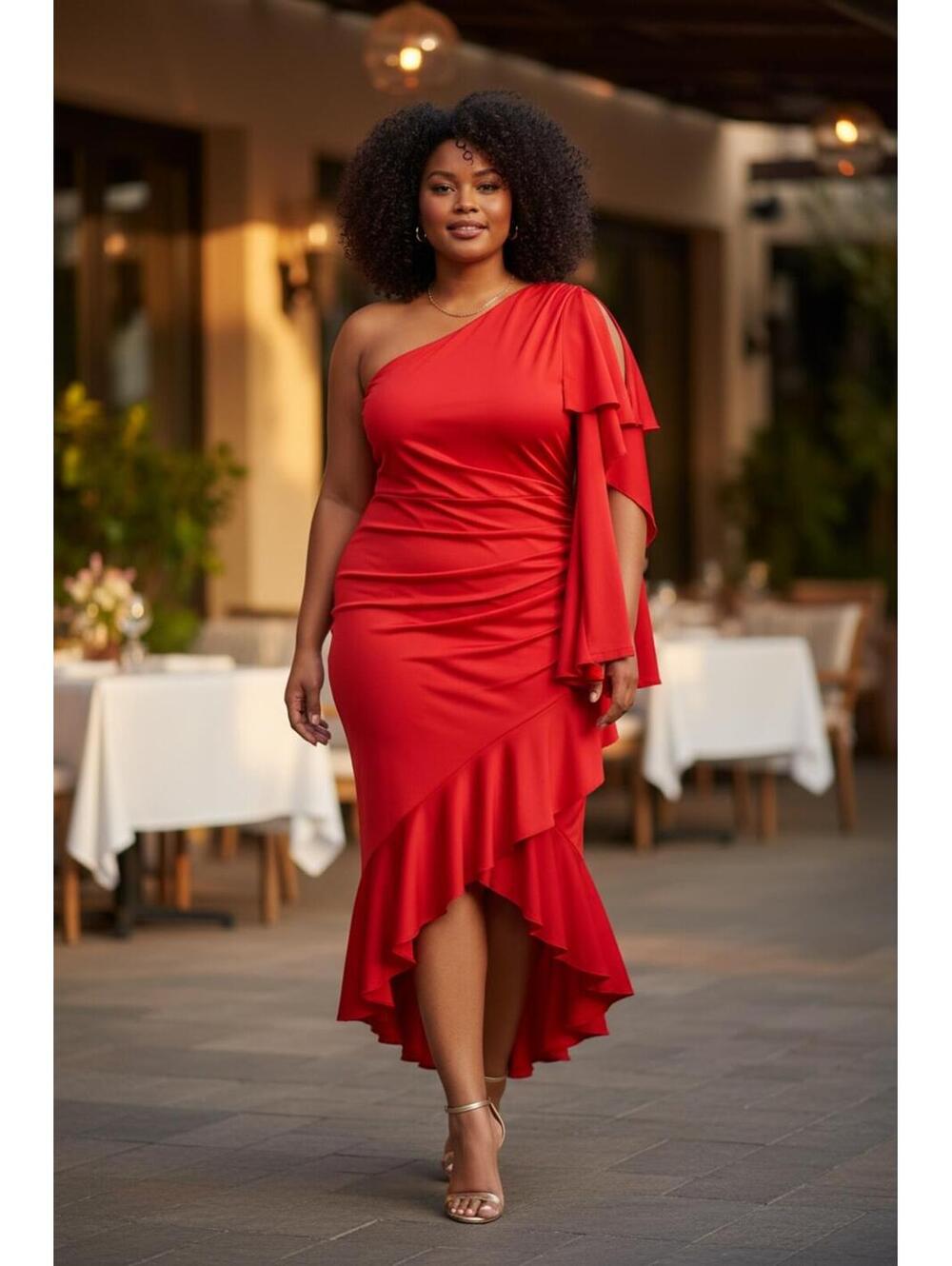 Xpluswear Red One Shoulder Ruffle Maxi Dress Plus Size XL